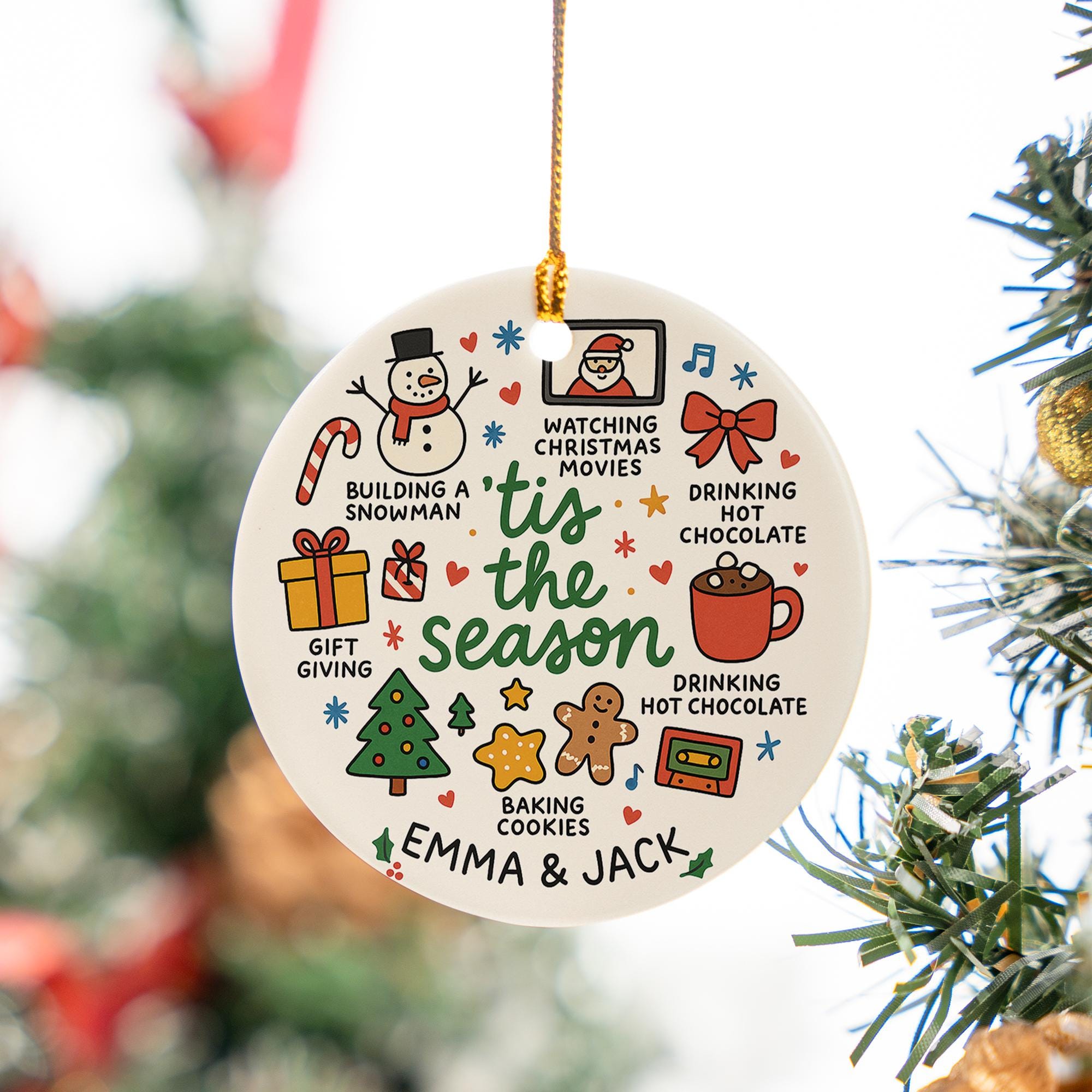Personalized Ceramic Christmas Ornament: Tis The Season, Holiday Activities Round Decoration