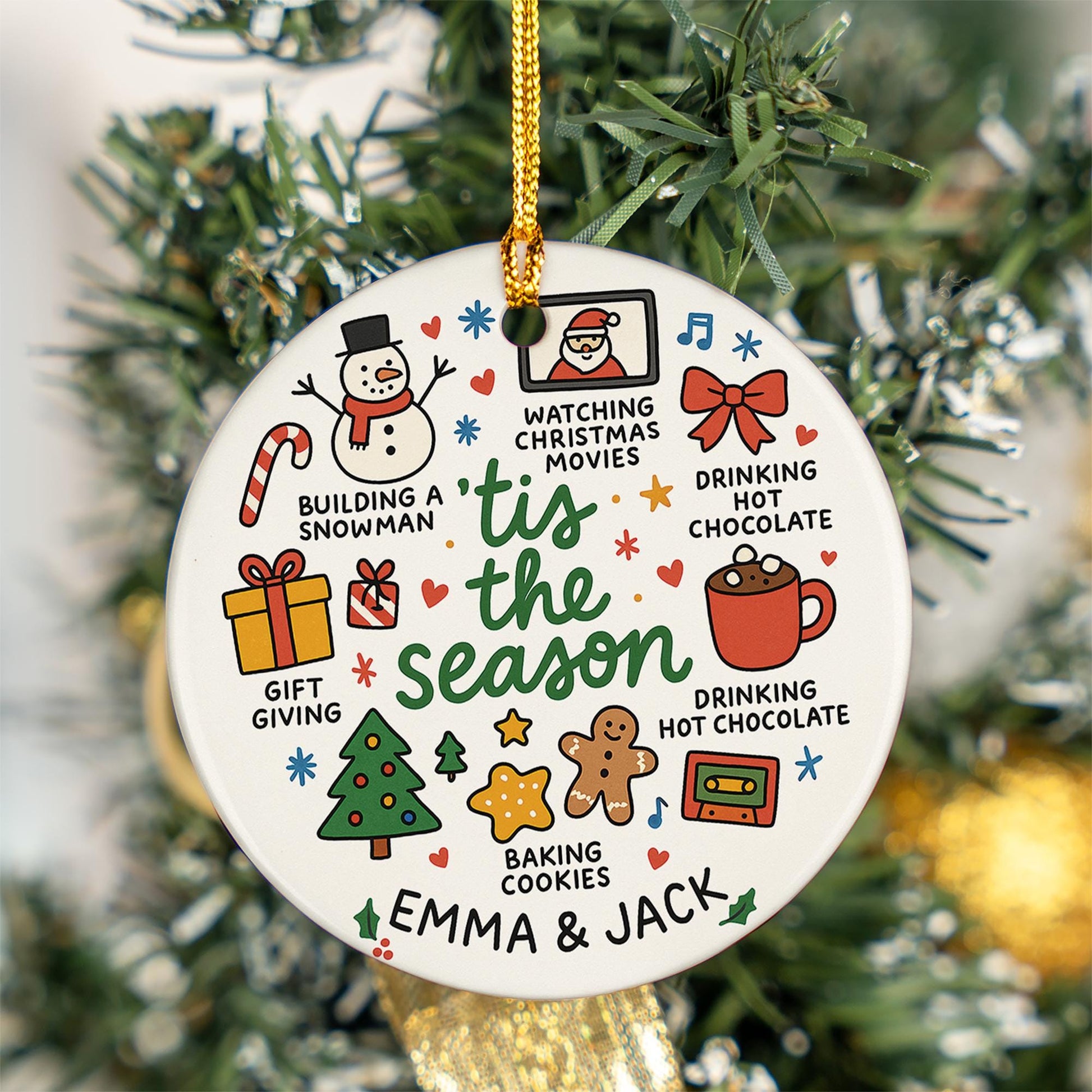 Personalized Ceramic Christmas Ornament: Tis The Season, Holiday Activities Round Decoration