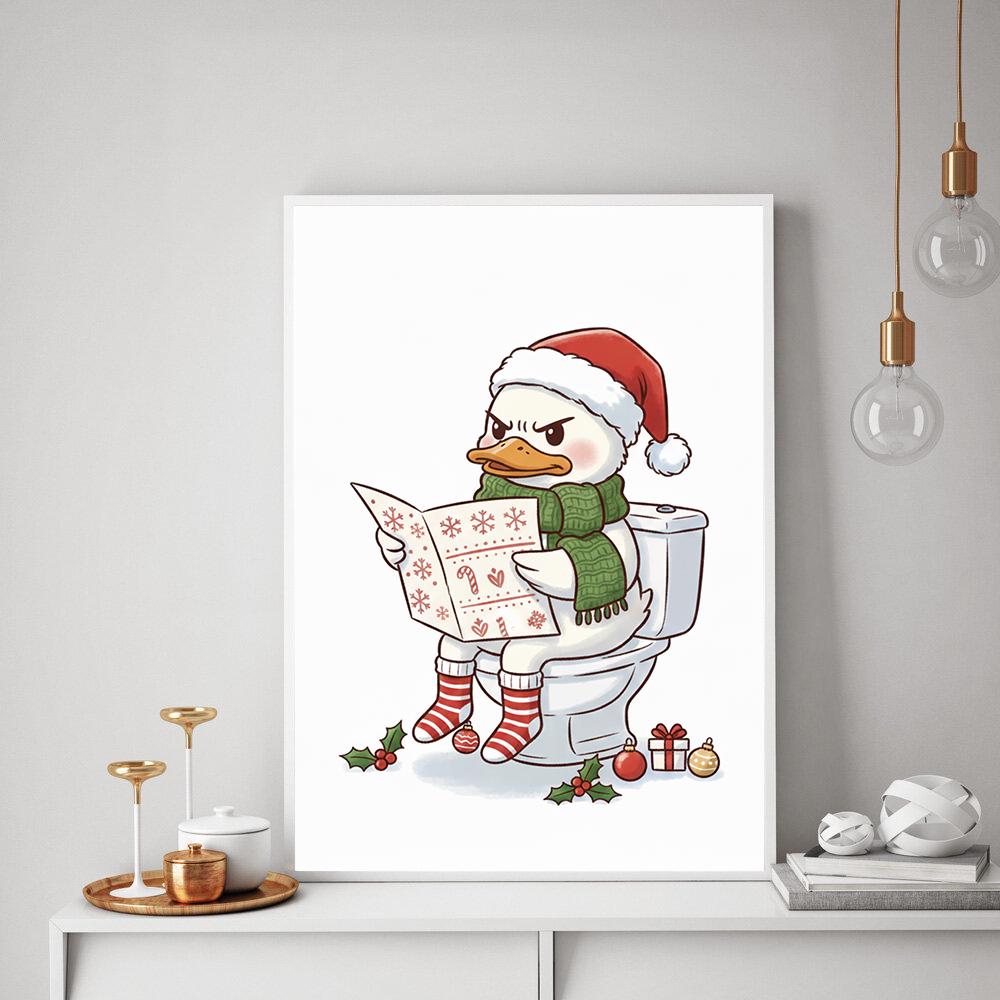 Funny Duck Christmas Poster – Quirky Holiday Bathroom Wall Art Print