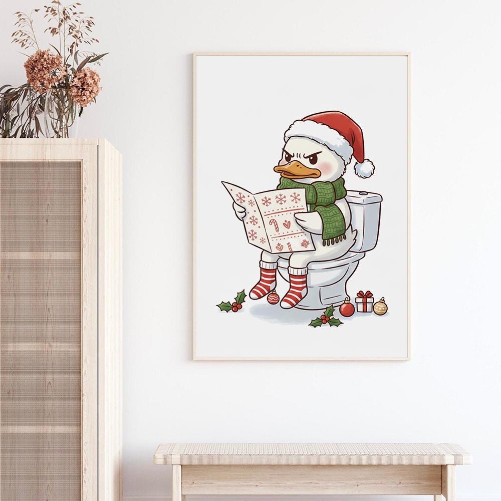 Funny Duck Christmas Poster – Quirky Holiday Bathroom Wall Art Print