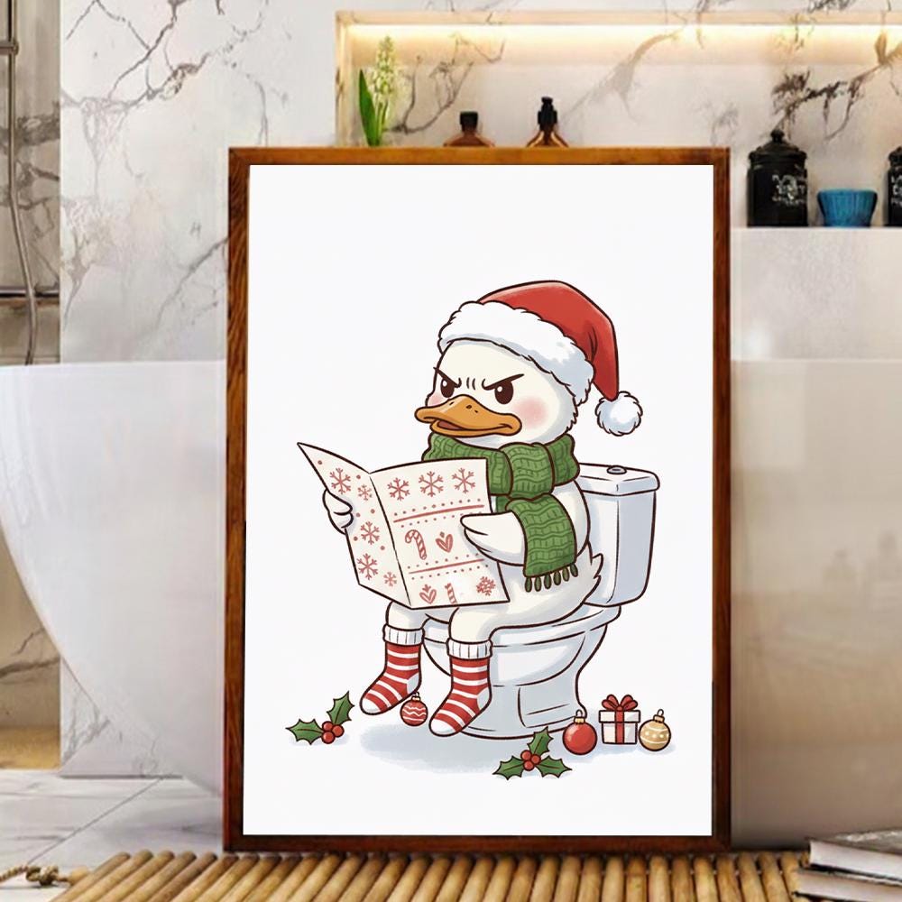 Funny Duck Christmas Poster – Quirky Holiday Bathroom Wall Art Print