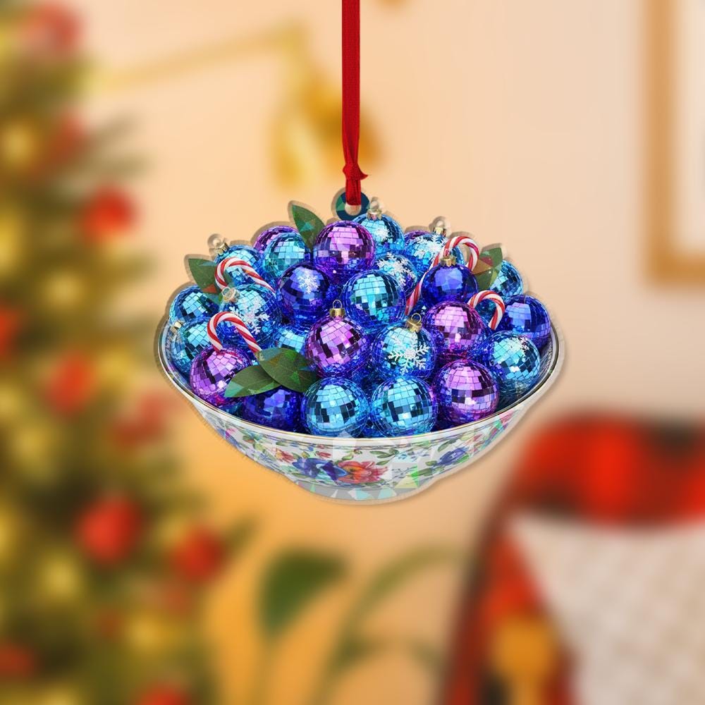 Personalized Acrylic Ornament – Bowl of Baubles & Candy Cane – Hanging Tree Decoration
