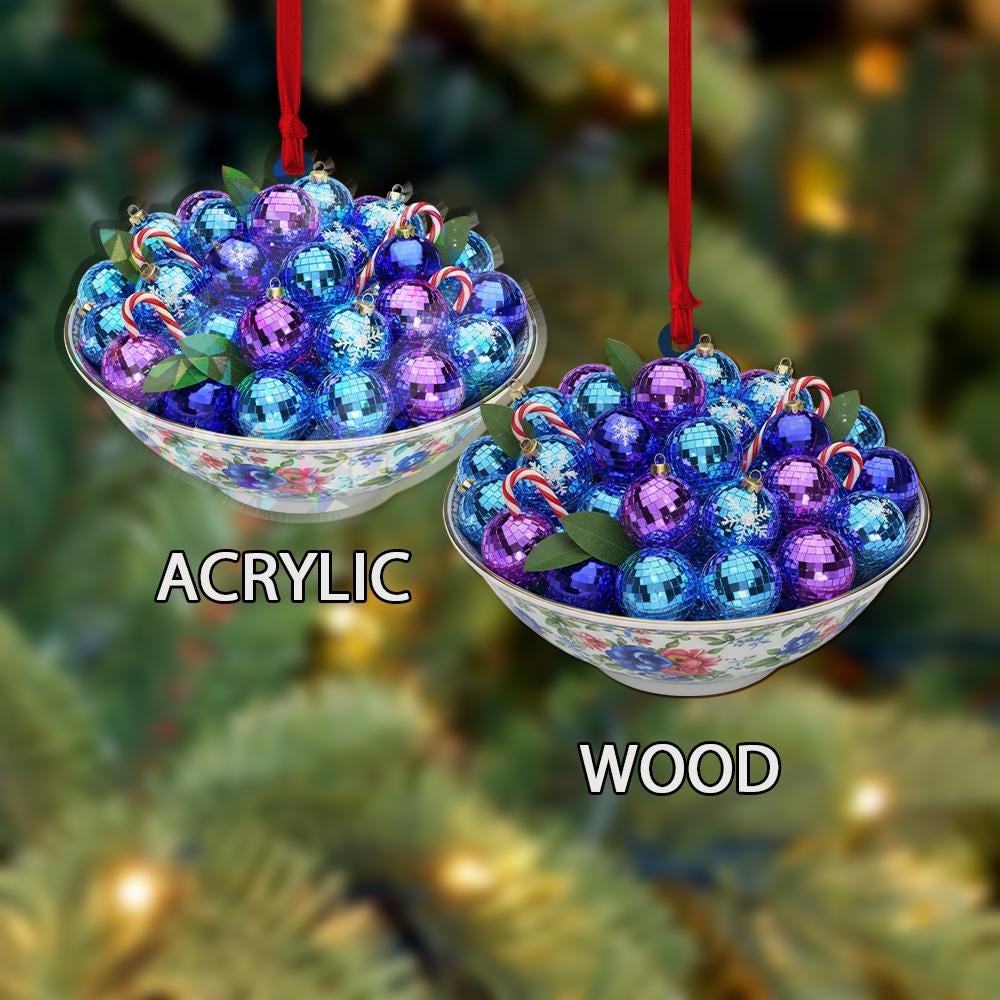 Personalized Acrylic Ornament – Bowl of Baubles & Candy Cane – Hanging Tree Decoration