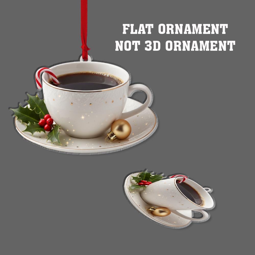 Personalized Acrylic Ornament – Coffee Cup & Saucer with Candy Cane – Hanging Tree Decor