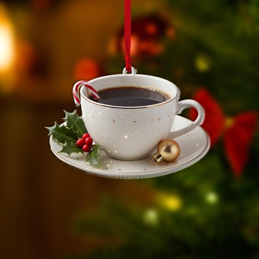 Personalized Acrylic Ornament – Coffee Cup & Saucer with Candy Cane – Hanging Tree Decor