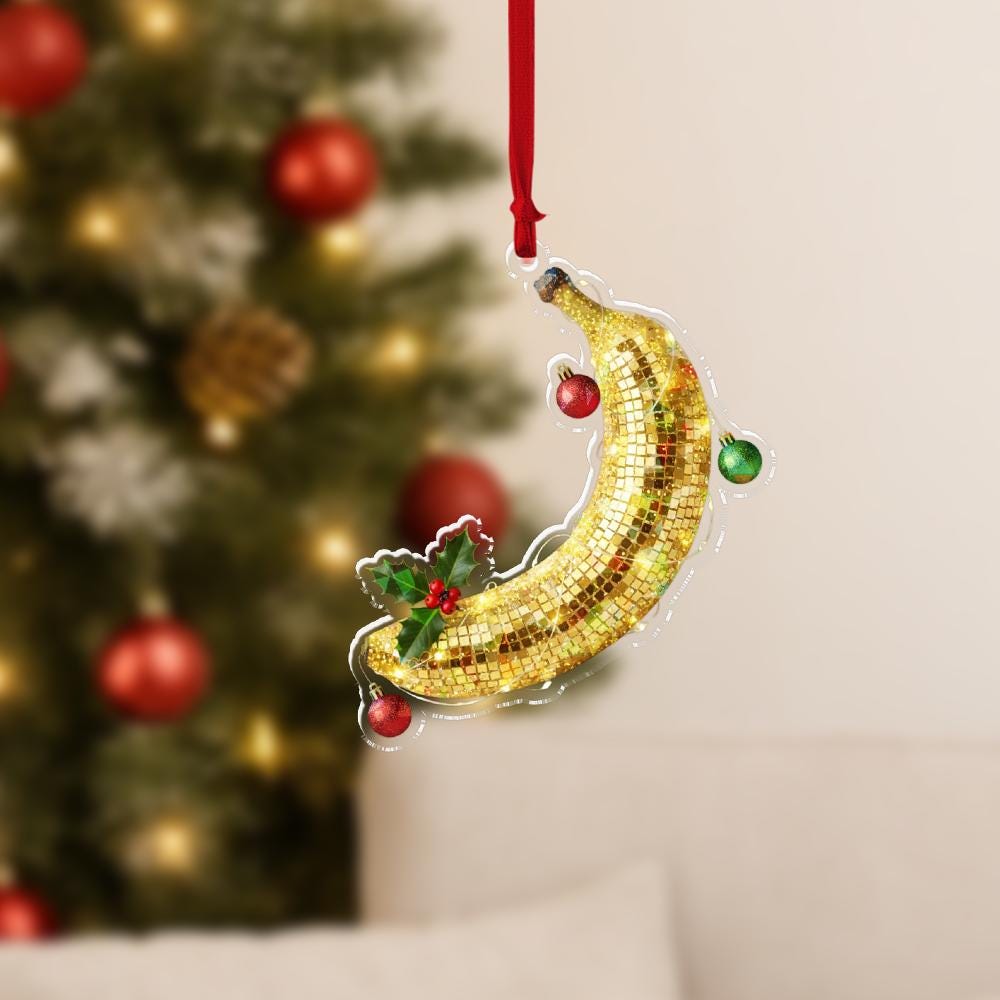 Personalized Acrylic Ornament – Disco Banana with Holly & Baubles – Tree Hanging Decoration