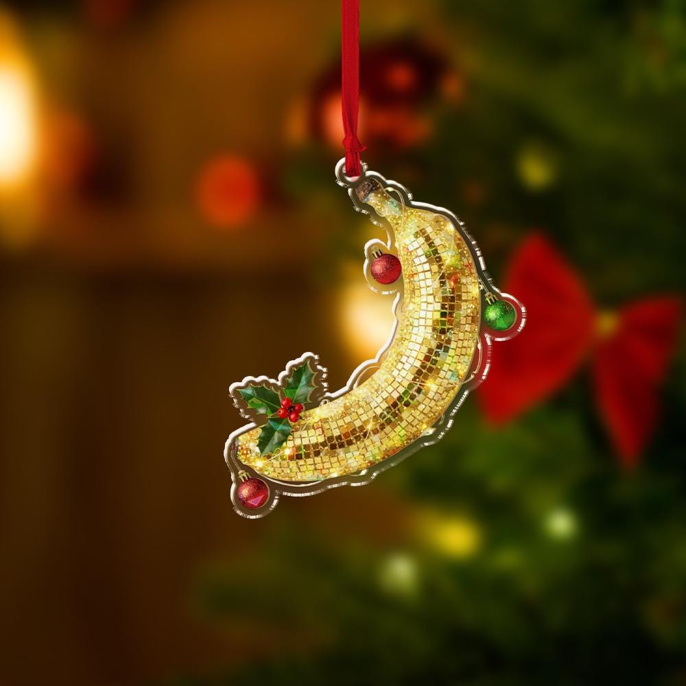 Personalized Acrylic Ornament – Disco Banana with Holly & Baubles – Tree Hanging Decoration