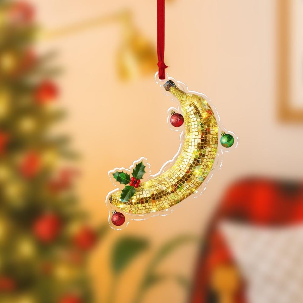 Personalized Acrylic Ornament – Disco Banana with Holly & Baubles – Tree Hanging Decoration