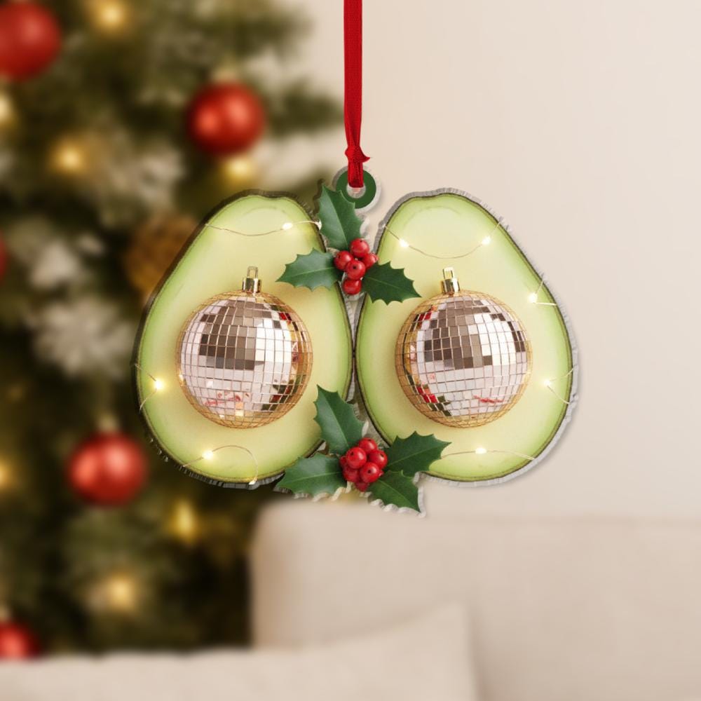 Personalized Acrylic Ornament – Avocado Halves with Disco Baubles – Tree Hanging Decoration