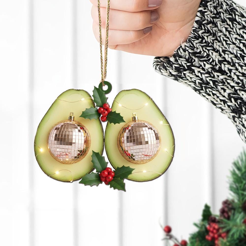 Personalized Acrylic Ornament – Avocado Halves with Disco Baubles – Tree Hanging Decoration