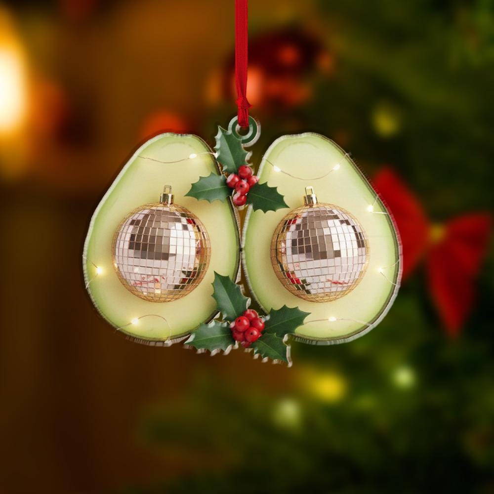 Personalized Acrylic Ornament – Avocado Halves with Disco Baubles – Tree Hanging Decoration