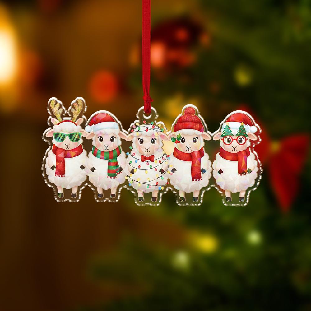 Acrylic Ornament – Row of Festive Sheep – Tree Hanging Decoration