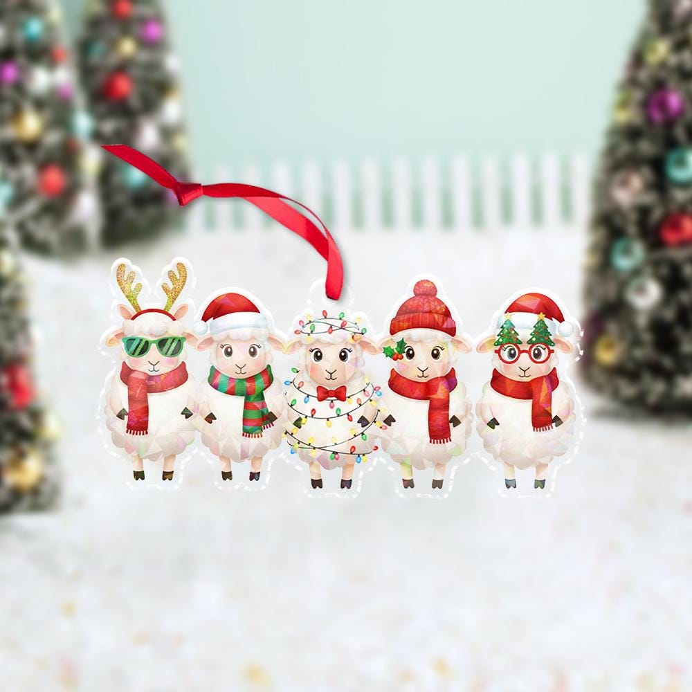 Acrylic Ornament – Row of Festive Sheep – Tree Hanging Decoration
