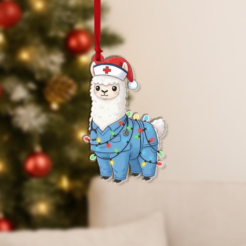 Personalized Acrylic Ornament – Llama Nurse with Holiday Lights – Tree Hanging Decoration