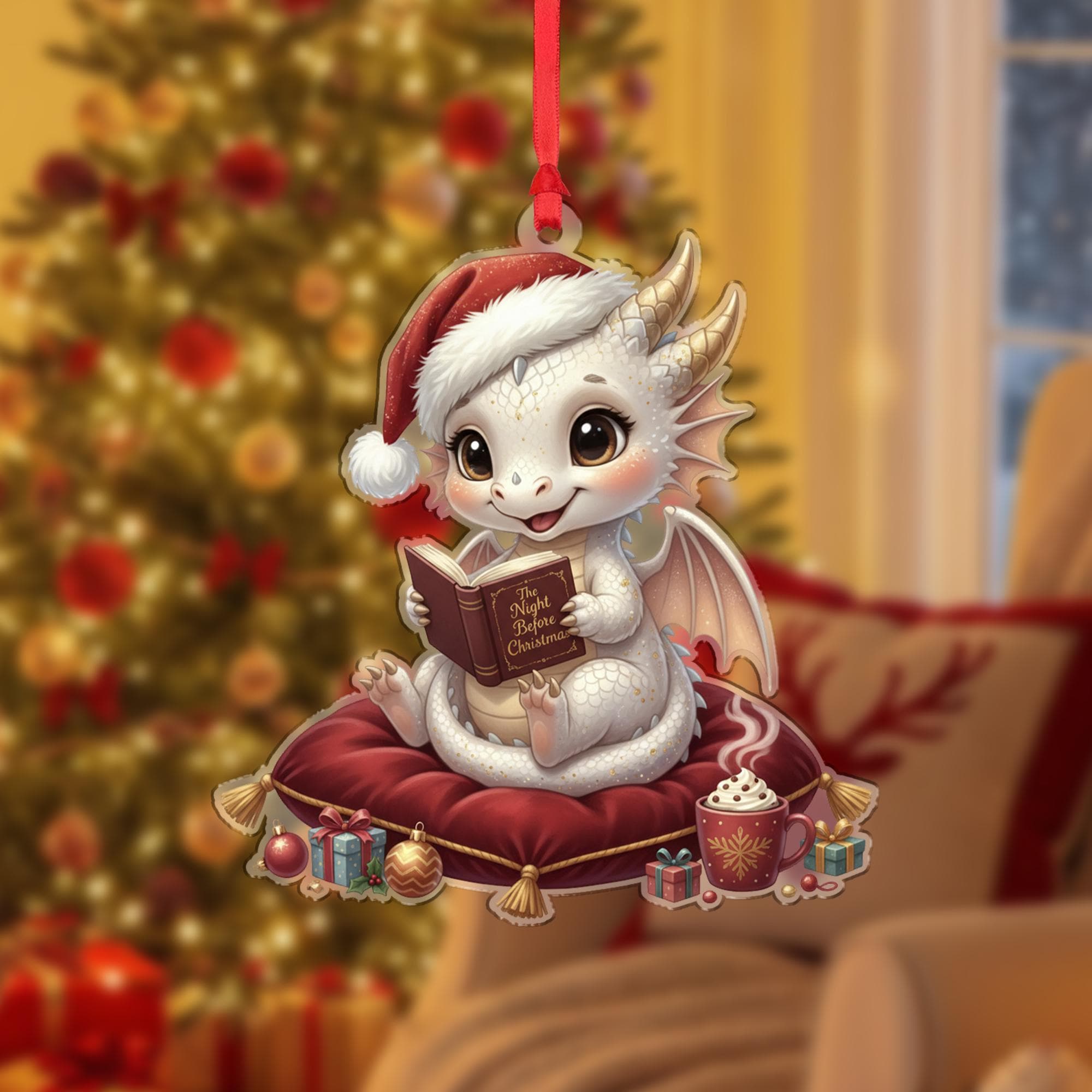 Dragon Ornament – Fantasy Christmas Decoration with Santa Hat and Book