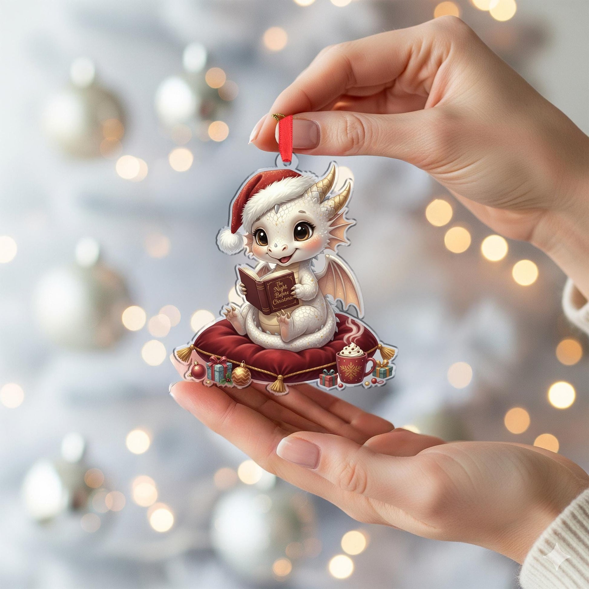 Dragon Ornament – Fantasy Christmas Decoration with Santa Hat and Book