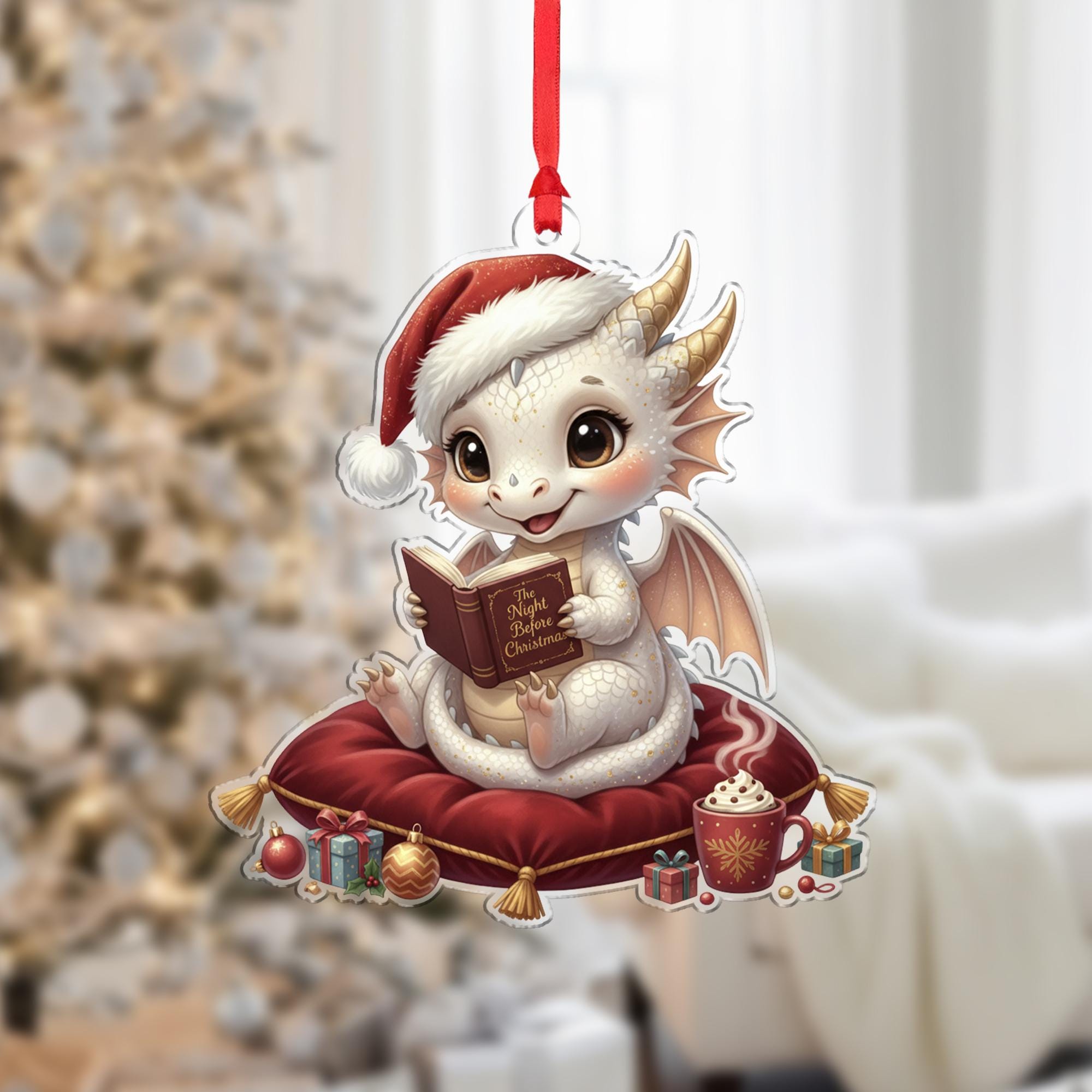 Dragon Ornament – Fantasy Christmas Decoration with Santa Hat and Book