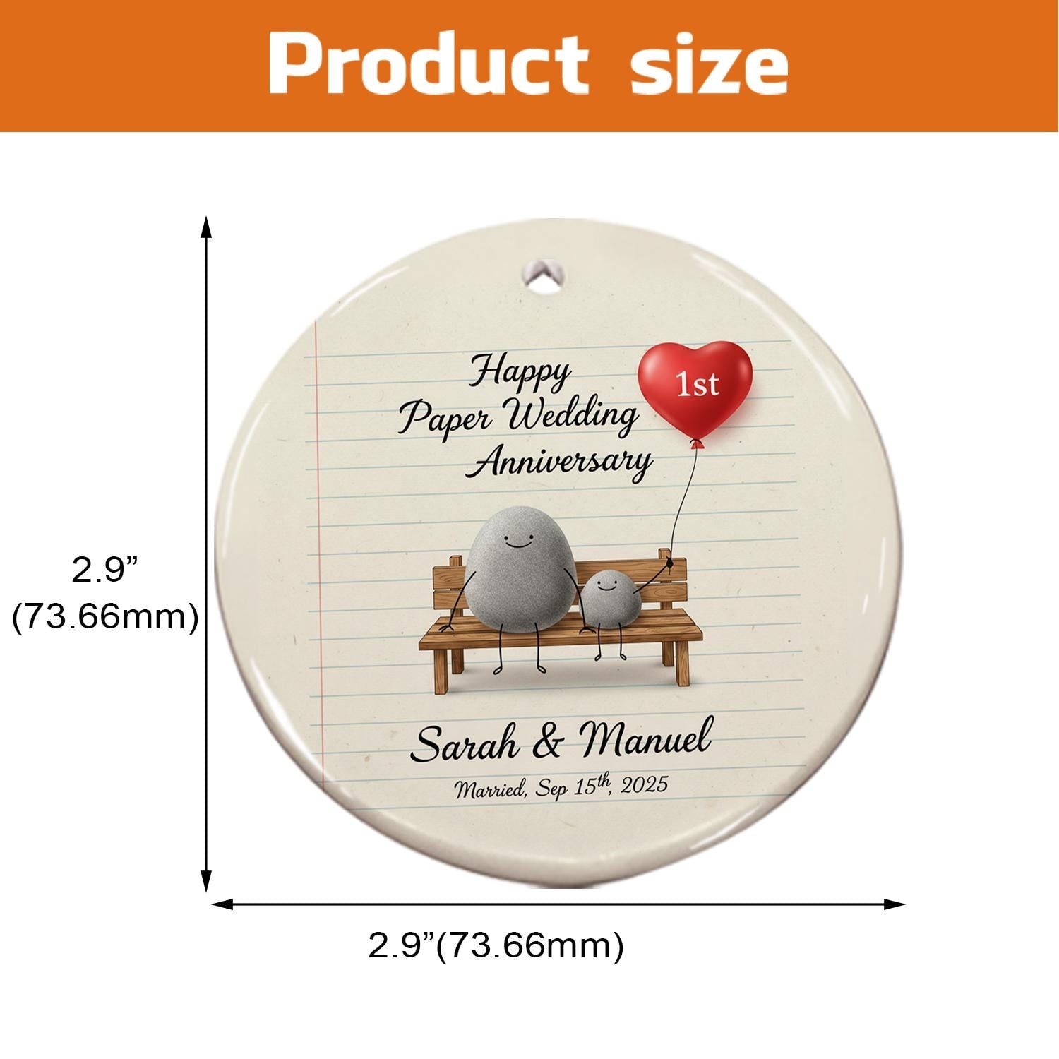 Personalized Ceramic Ornament – Stone Couple on Bench with Heart Balloon – Hanging Keepsake