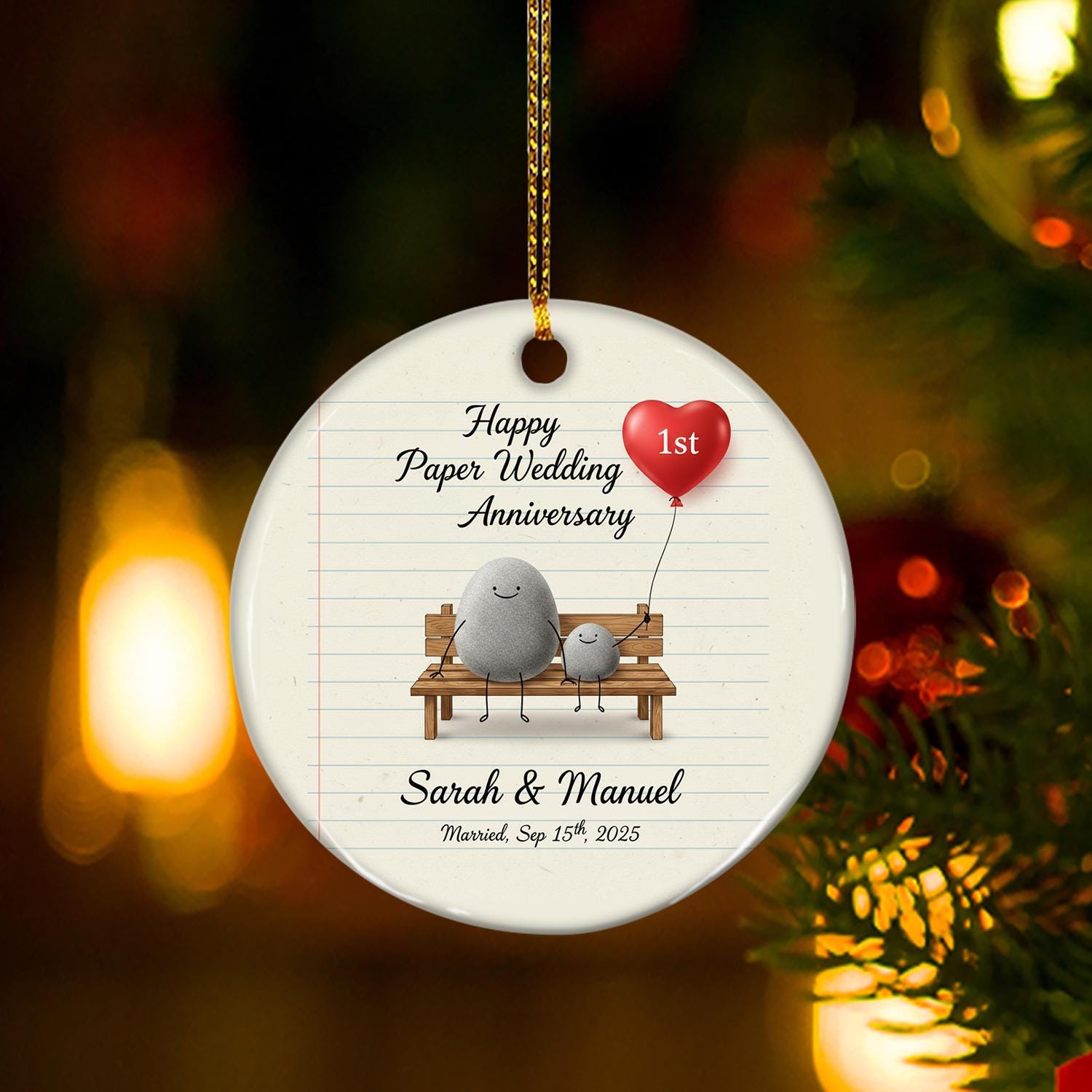 Personalized Ceramic Ornament – Stone Couple on Bench with Heart Balloon – Hanging Keepsake