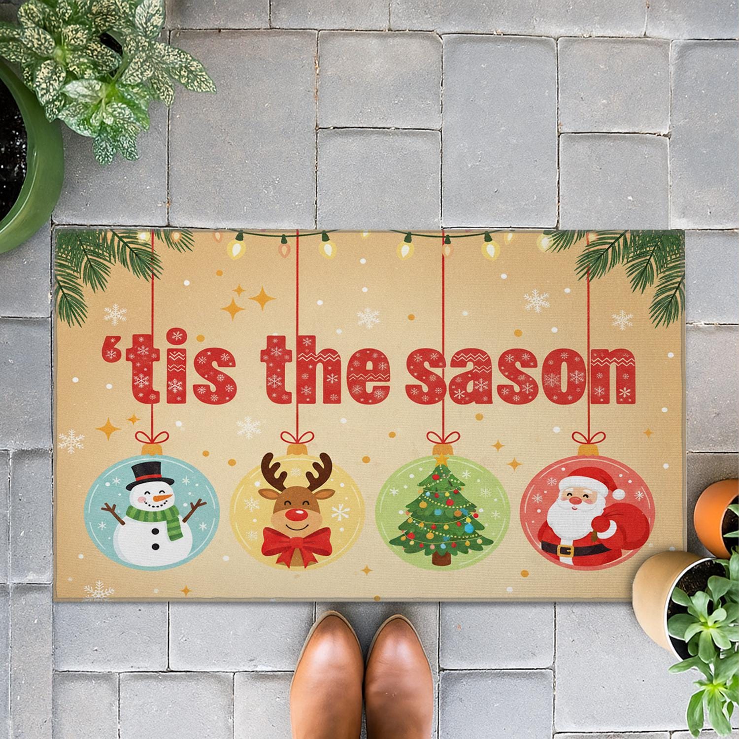 Coir Doormat – ’Tis the Season with Santa, Reindeer, Tree, Snowman – Outdoor Welcome Mat