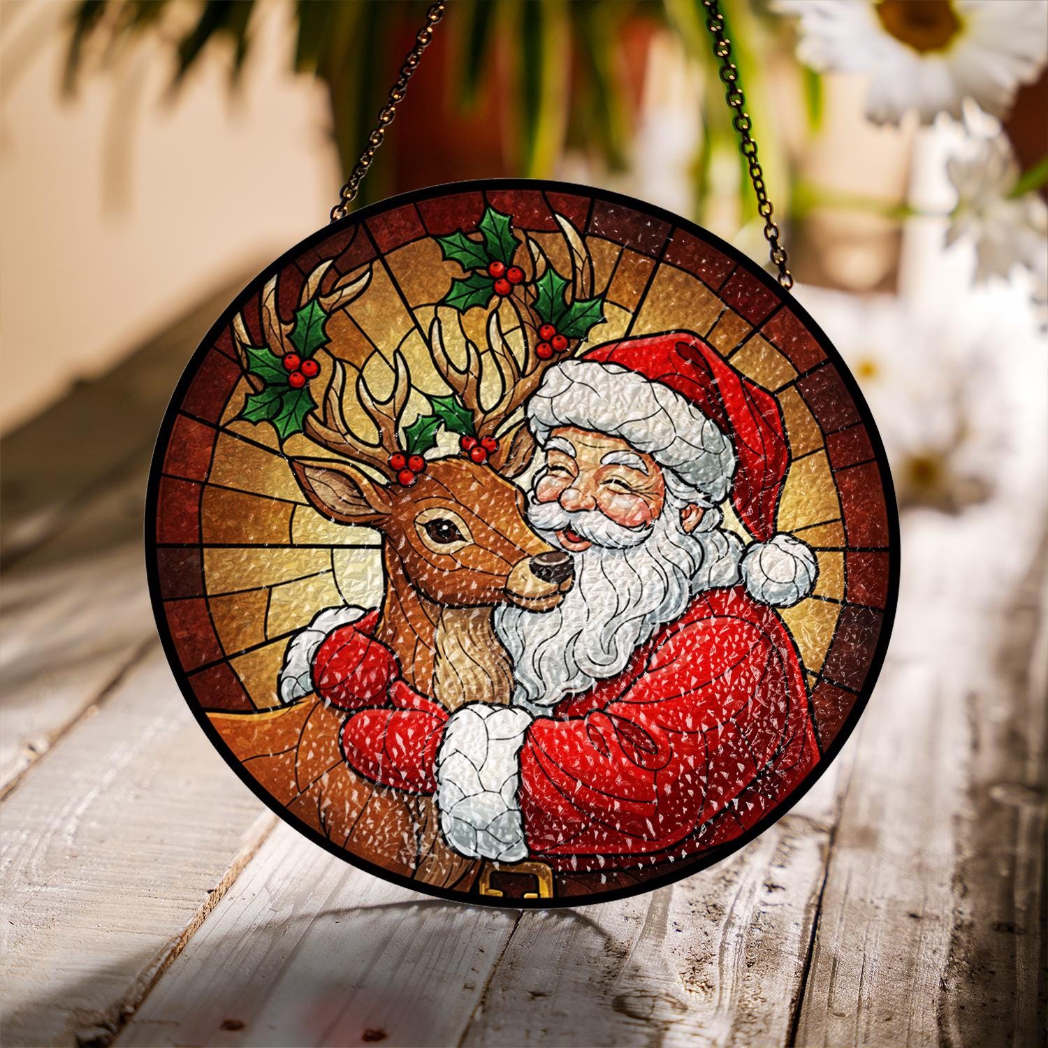 Glass Suncatcher – Santa & Reindeer Portrait – Window Hanging Decoration