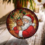 Glass Suncatcher – Santa & Reindeer Portrait – Window Hanging Decoration