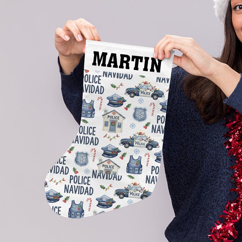 Custom Police Navidad Christmas Stocking with Name | Personalized Law Enforcement Holiday Decor