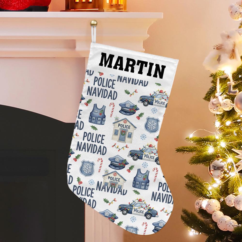 Custom Police Navidad Christmas Stocking with Name | Personalized Law Enforcement Holiday Decor
