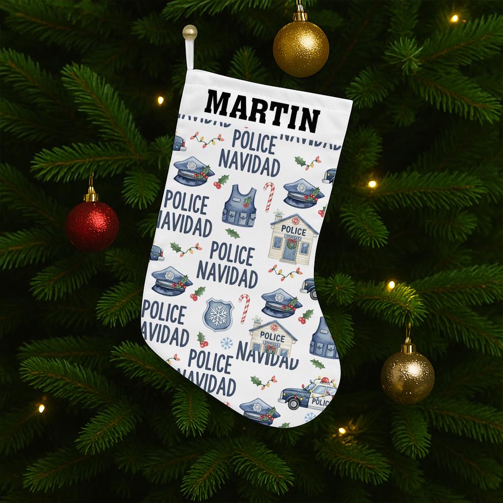 Custom Police Navidad Christmas Stocking with Name | Personalized Law Enforcement Holiday Decor