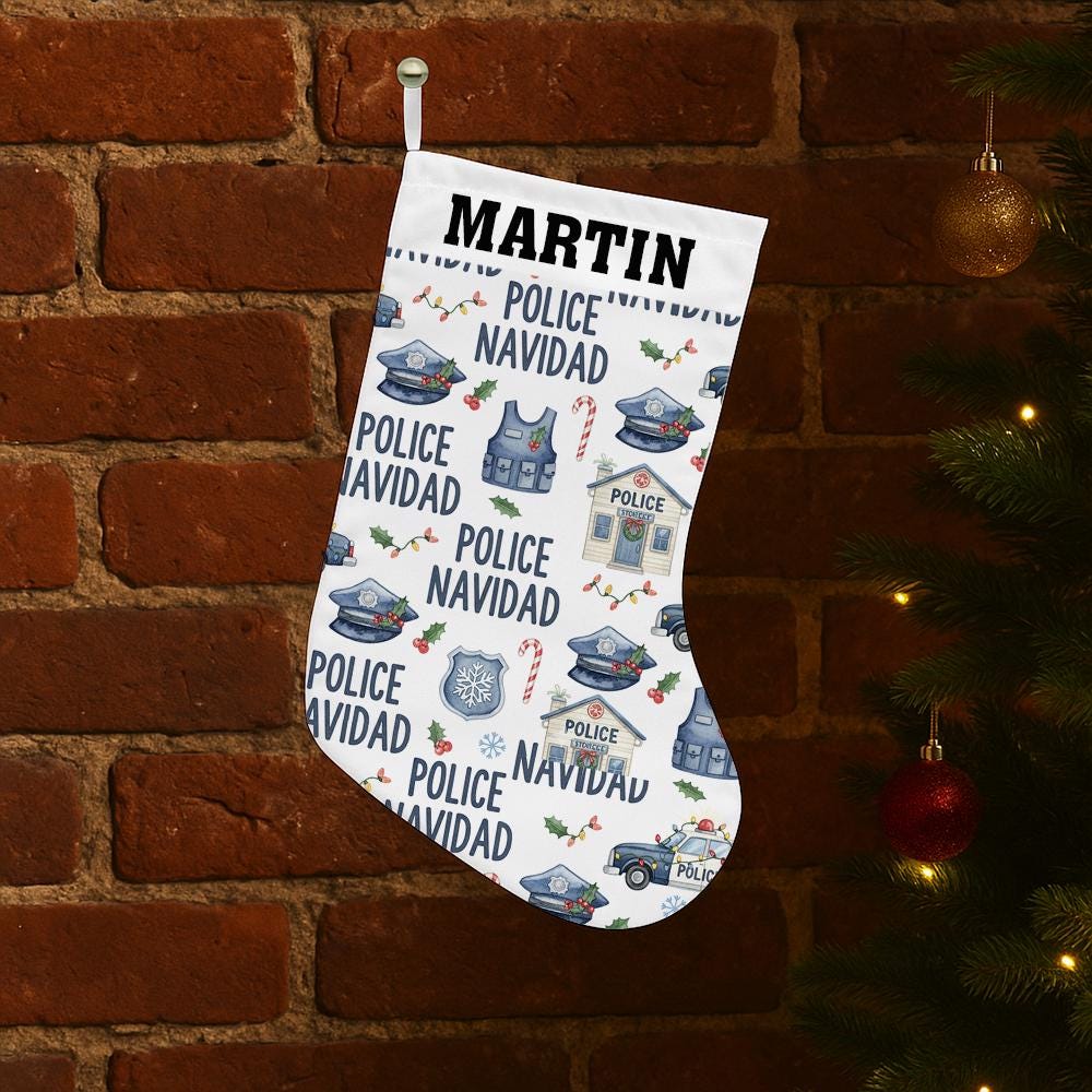 Custom Police Navidad Christmas Stocking with Name | Personalized Law Enforcement Holiday Decor