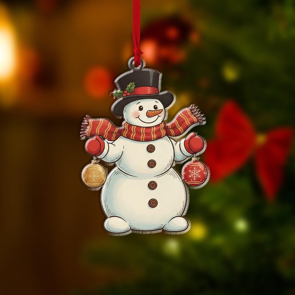 Personalized Acrylic Snowman Ornament: Holiday Tree Decoration with Red Scarf and Top Hat