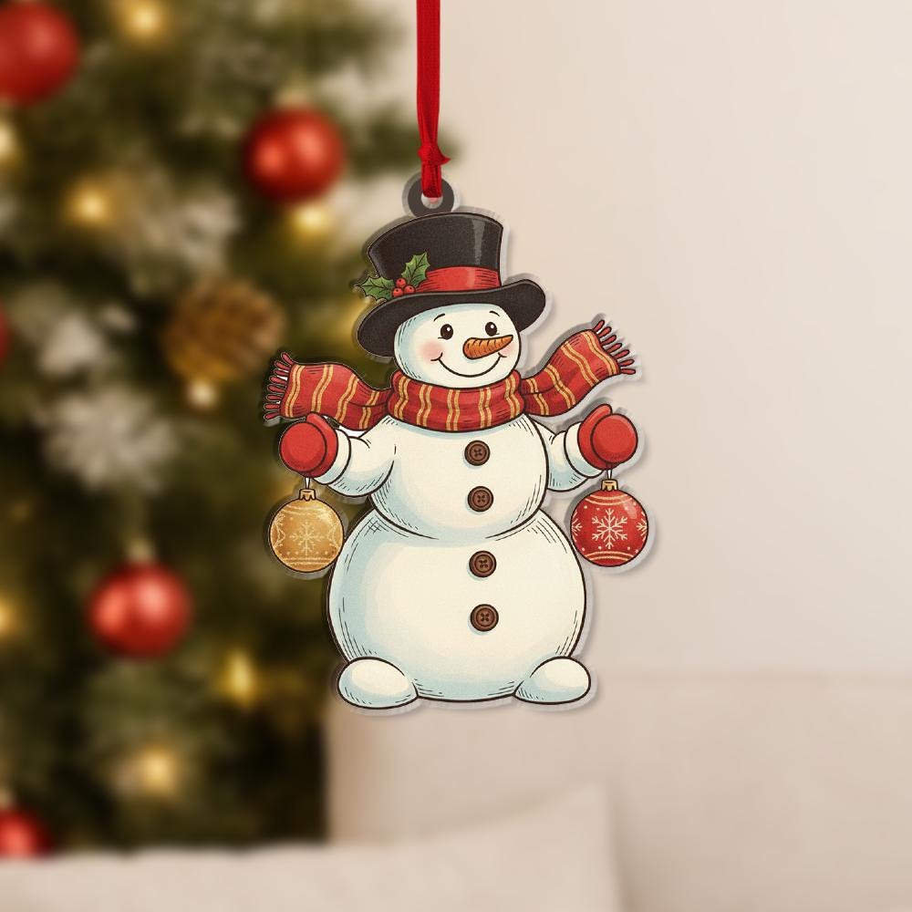 Personalized Acrylic Snowman Ornament: Holiday Tree Decoration with Red Scarf and Top Hat