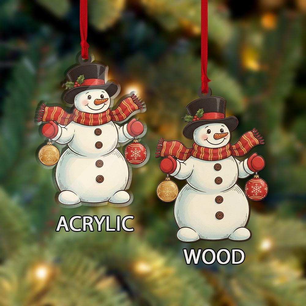 Personalized Acrylic Snowman Ornament: Holiday Tree Decoration with Red Scarf and Top Hat