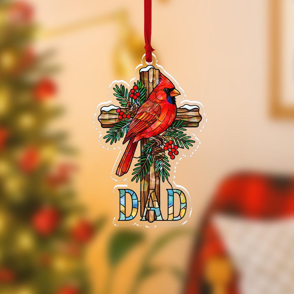 Cardinal Cross Ornament for Dad: Hologram Effect Christmas Decoration