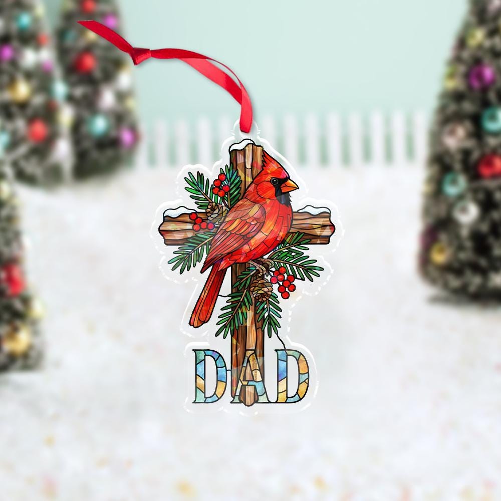 Cardinal Cross Ornament for Dad: Hologram Effect Christmas Decoration