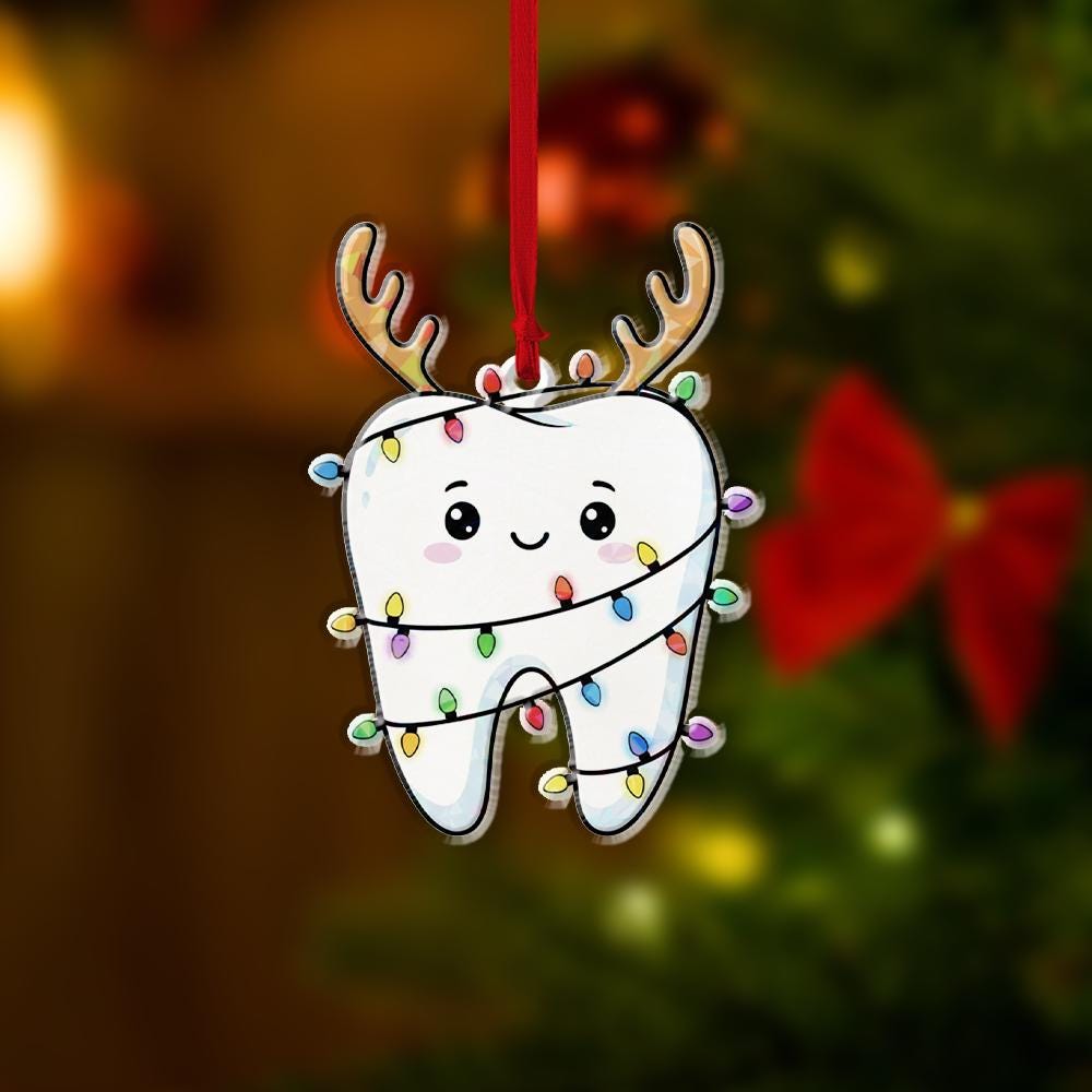 Personalized Acrylic Tooth Ornament: Holiday Tree Decoration with Reindeer Antlers and Lights