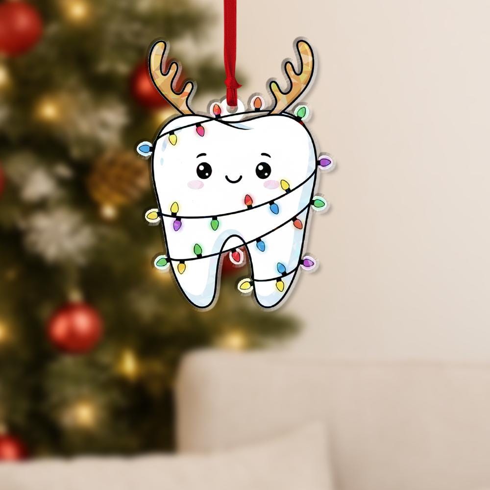Personalized Acrylic Tooth Ornament: Holiday Tree Decoration with Reindeer Antlers and Lights
