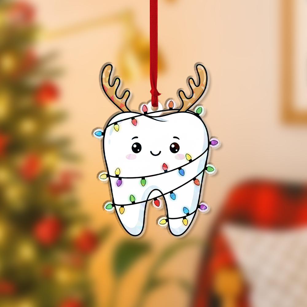 Personalized Acrylic Tooth Ornament: Holiday Tree Decoration with Reindeer Antlers and Lights
