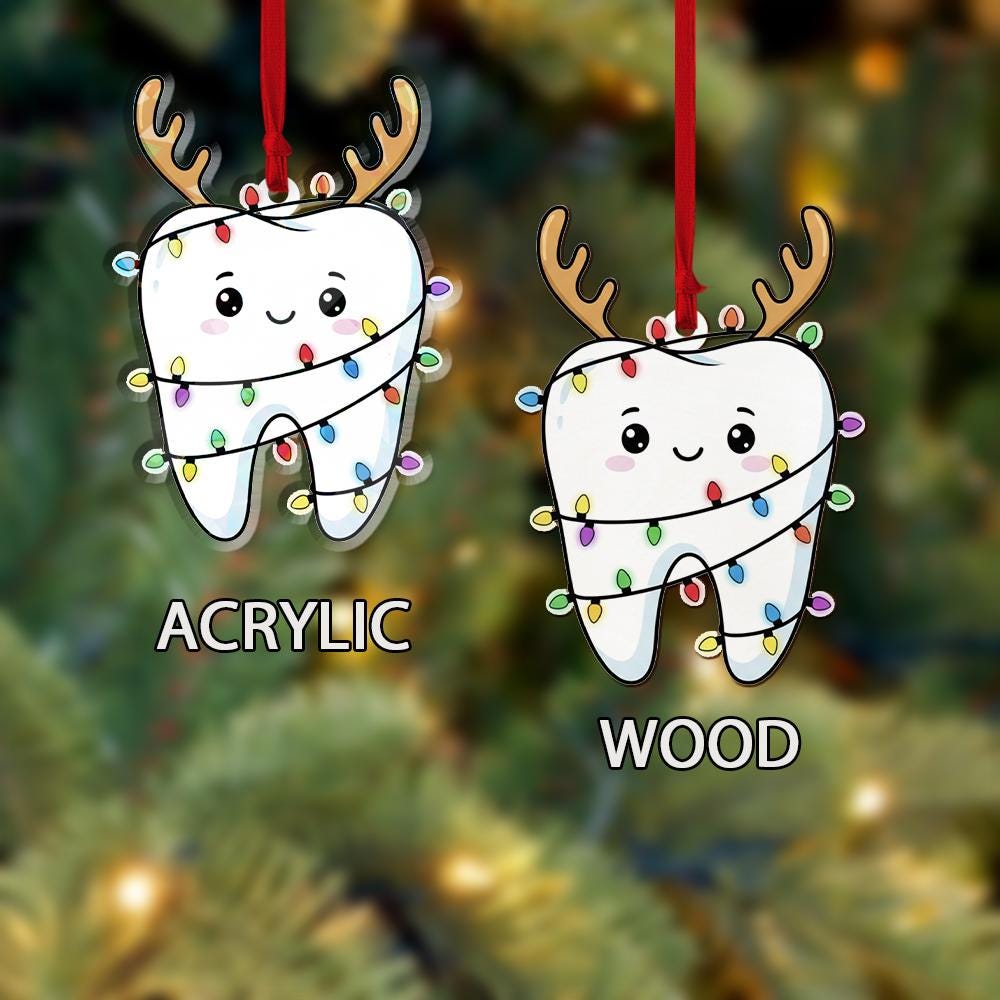 Personalized Acrylic Tooth Ornament: Holiday Tree Decoration with Reindeer Antlers and Lights