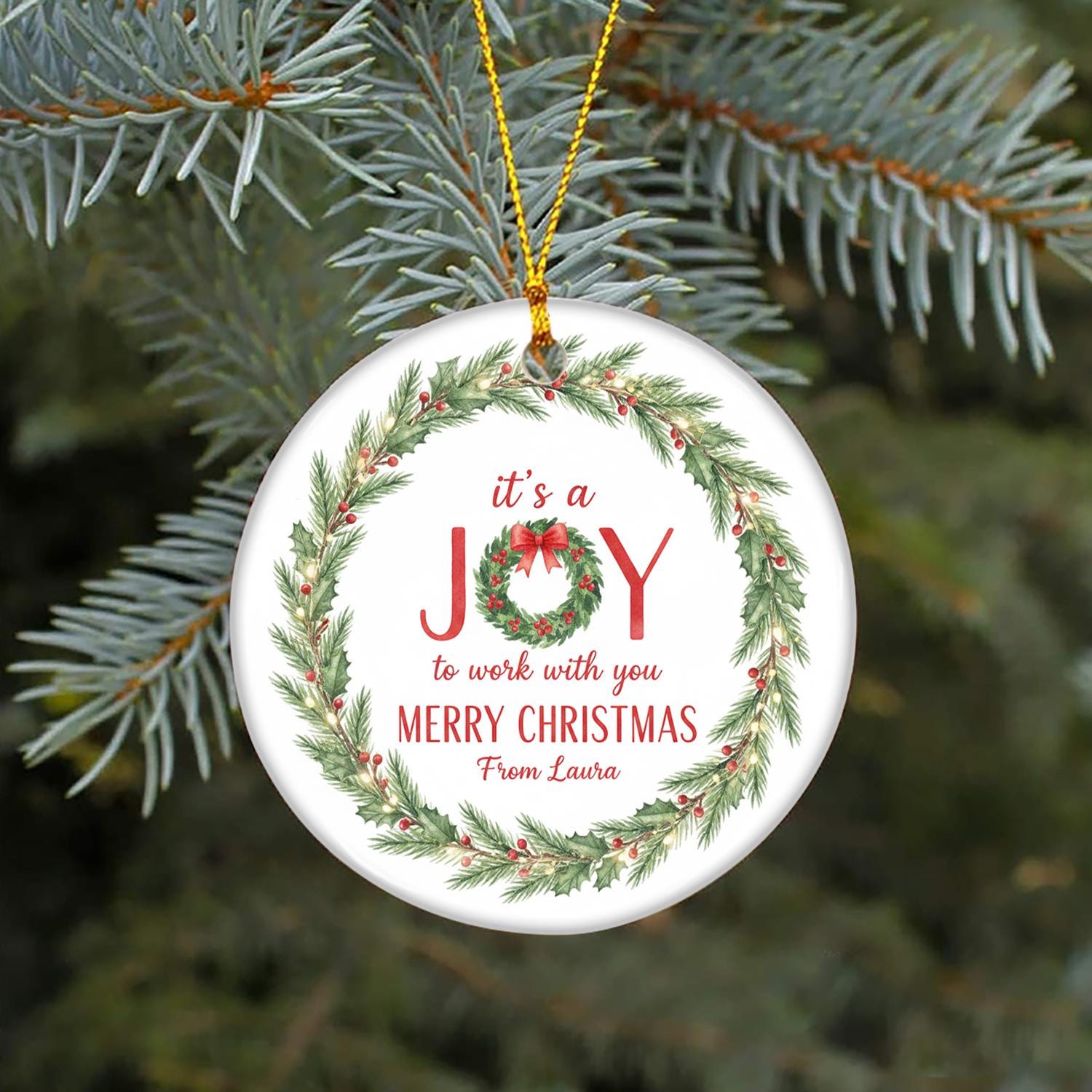 Coworker Ceramic Christmas Ornament | Personalized Round Wreath Holiday Office Decoration
