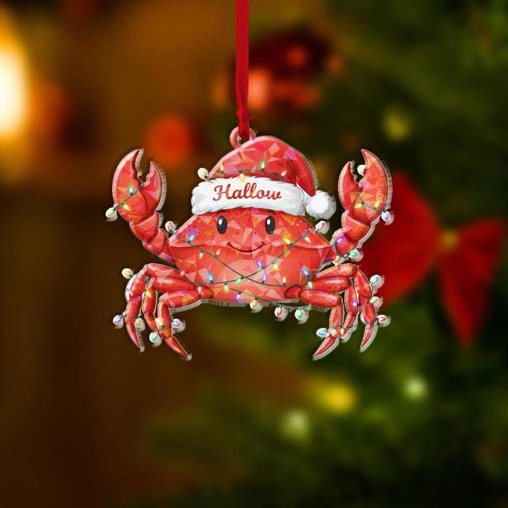 Hologram Custom Crab Christmas Ornament | Personalized Holiday Tree Decoration with Santa Hat and Lights
