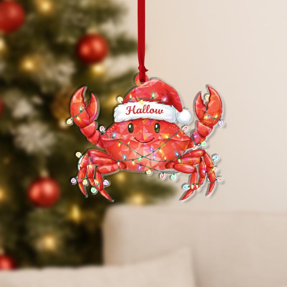 Hologram Custom Crab Christmas Ornament | Personalized Holiday Tree Decoration with Santa Hat and Lights