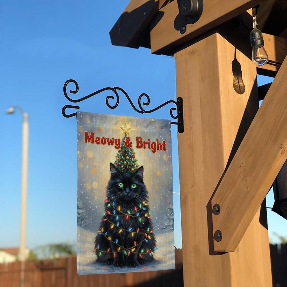 Polyester Garden Flag: Christmas Cat Decoration with Lights and Tree Design