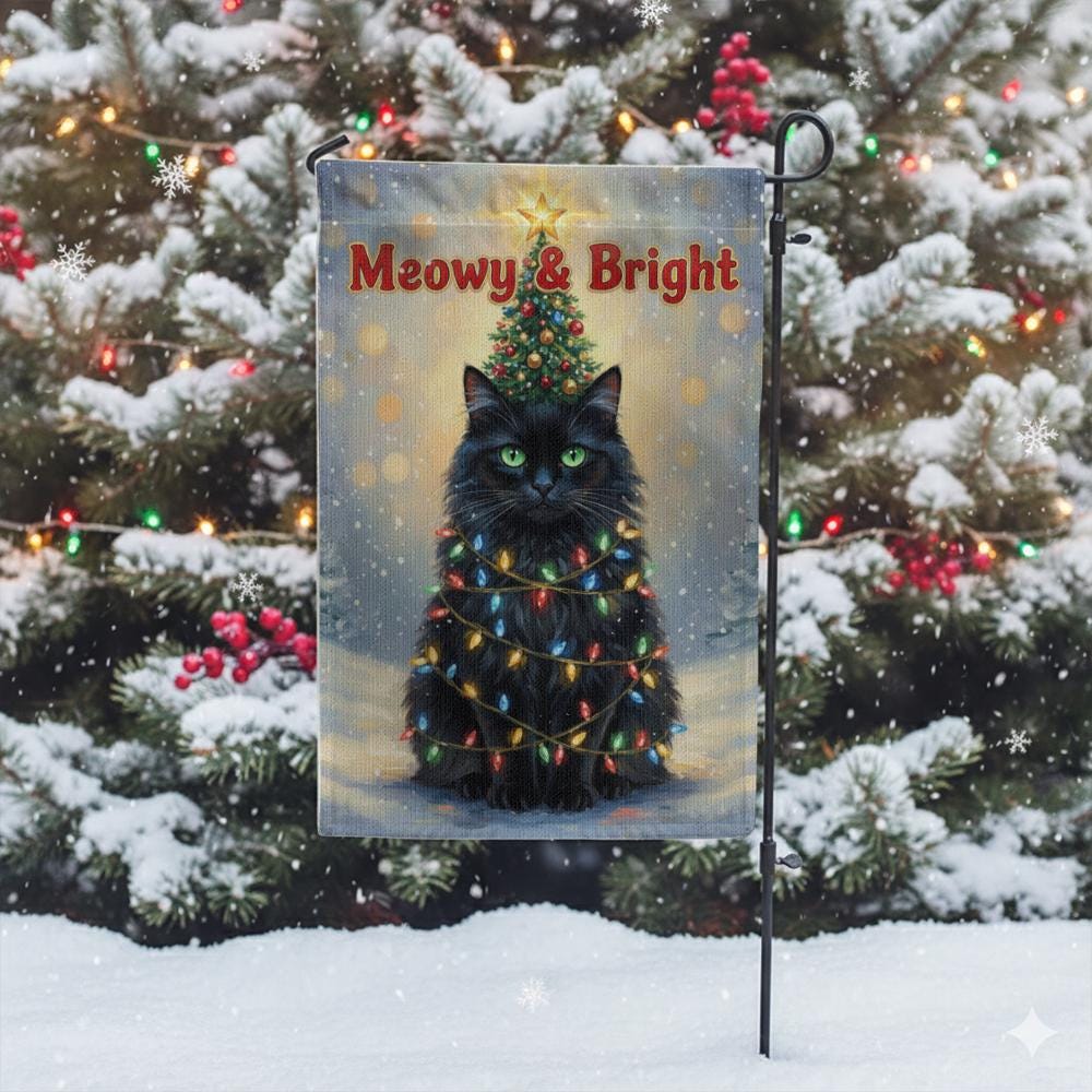 Polyester Garden Flag: Christmas Cat Decoration with Lights and Tree Design