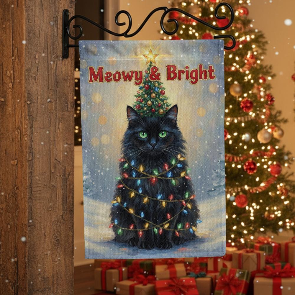 Polyester Garden Flag: Christmas Cat Decoration with Lights and Tree Design
