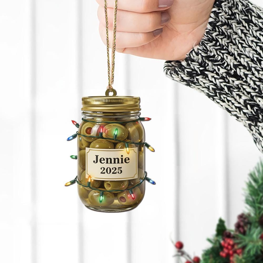 Custom Olive Jar Christmas Ornament with Name and Year | Personalized Holiday Tree Decoration