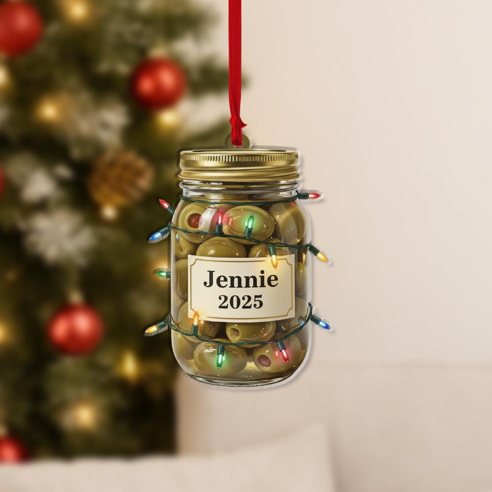 Custom Olive Jar Christmas Ornament with Name and Year | Personalized Holiday Tree Decoration