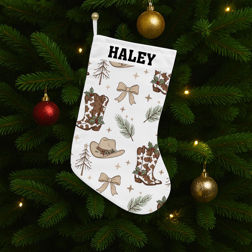 Custom Western Christmas Stocking with Name | Cowboy Boot and Hat Holiday Fireplace Decoration