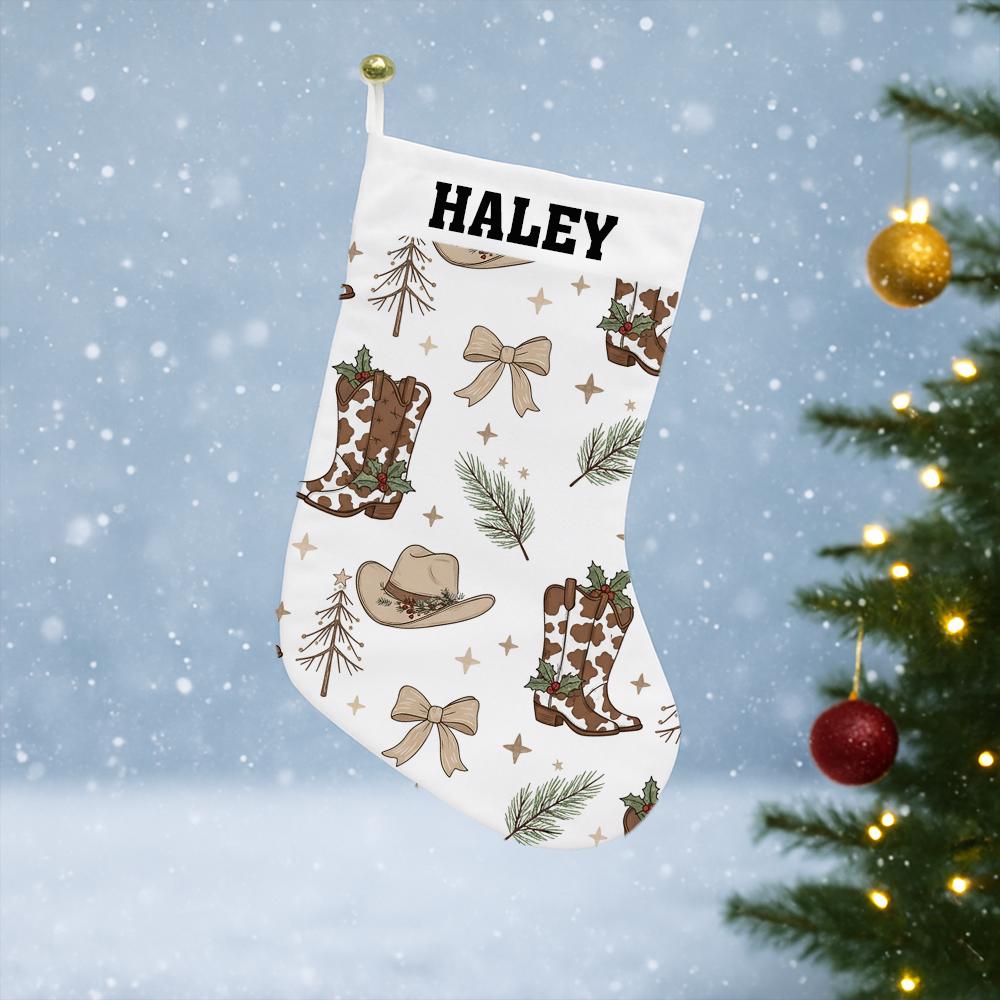 Custom Western Christmas Stocking with Name | Cowboy Boot and Hat Holiday Fireplace Decoration