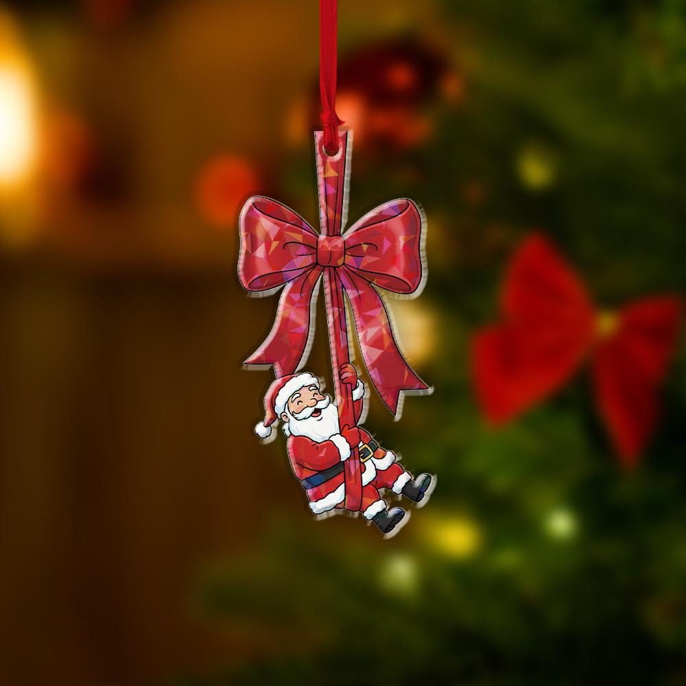 Acrylic Santa Hologram Ornament: Christmas Tree Decoration with Red Bow and Holiday Design